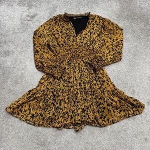 Zara Animal Print Smocked A-Line Mini Dress Womens Small Mustard Yellow V-Neck